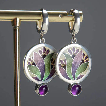 Vintage Boho Earrings with Purple Crystals | White Gold
